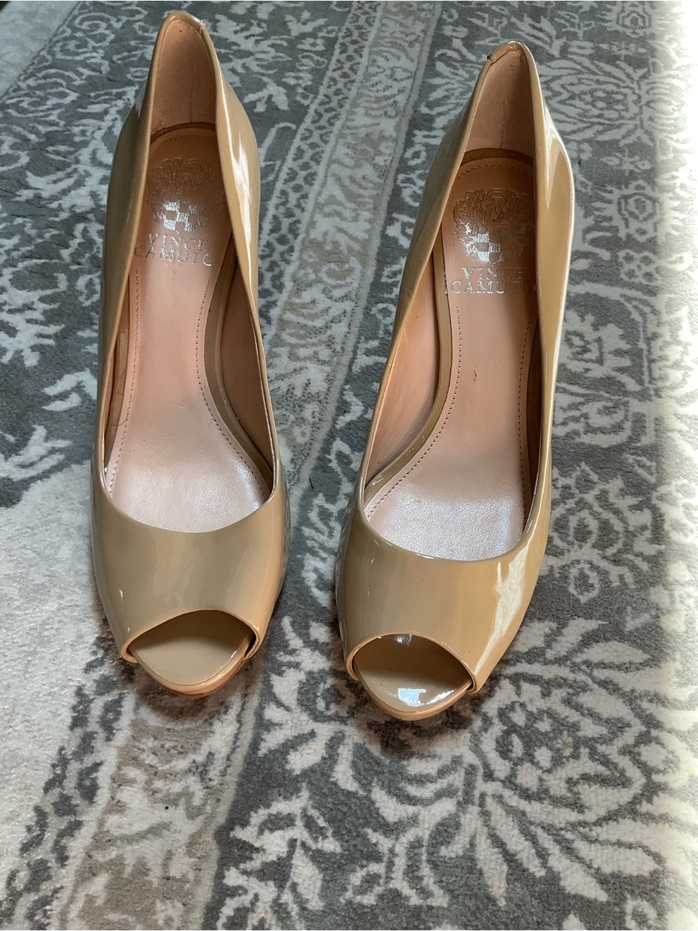 Vince Camuto Patent Peep-Toe Pumps in Beige 6.5